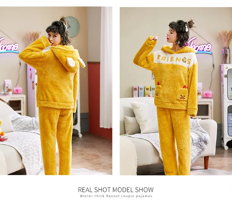 Autumn Winter Womens Pajama Set Thickened Flannel Pajamas Sets Long Sleeve Cartoon Sleepwear Home Wear for Girls Pj Set Pyjams