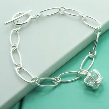 

Fashion 925 Sterling Silver Hollow Chain Crown Pendant Charm Bracelet For Women Engagement Wedding Party Gift