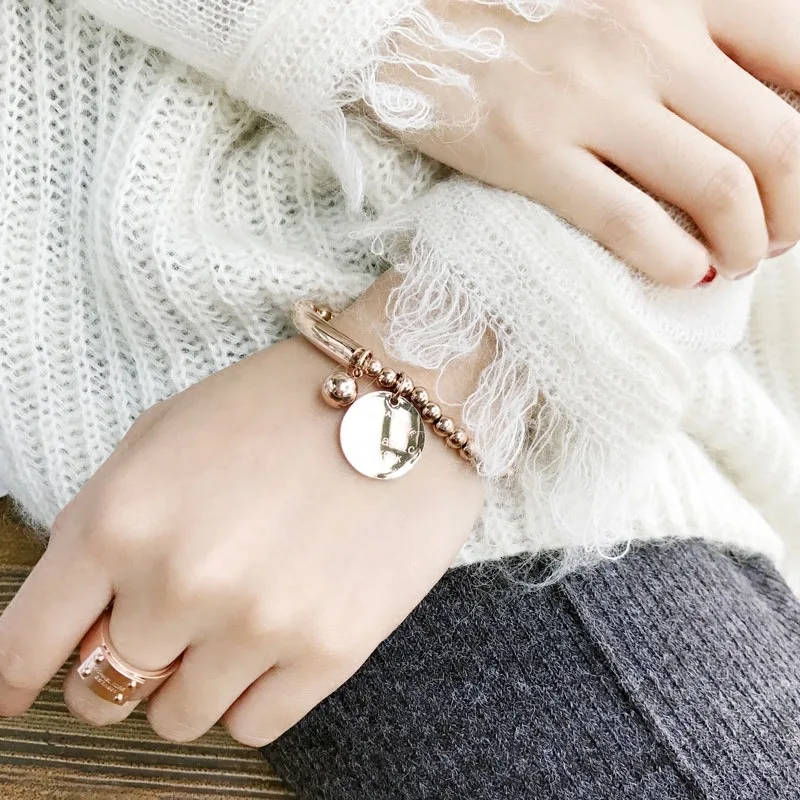 Titanium Steel High Quality Double Elastic Rope Beads Round Charm Bracelet For Women Gold Color Bracelet Jewelry Lover Gift