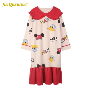 

Cute Woman New Soft Turn Down Collar Long Shirt Homedress Night Wear Night Gown Cartoon Printing Woman Clothes Preppy Style