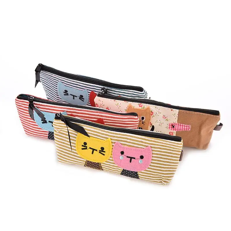 Creative Students for Gilrs Canvas Cartoon Blue White Stripe Cat Pencil Case Children Lovely  Pen Bag