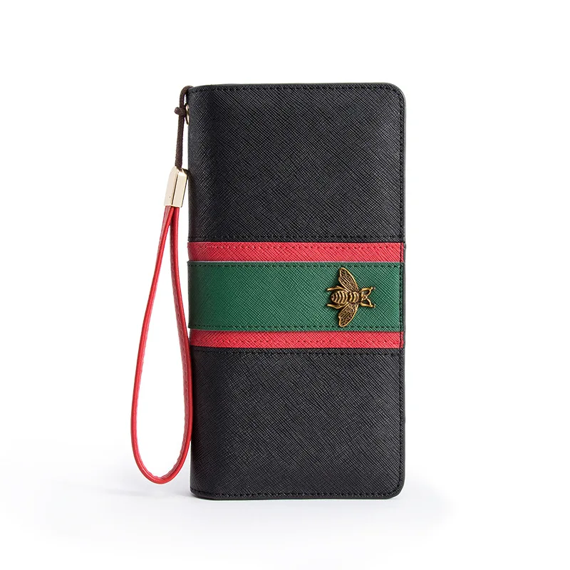black length Женский Длинный кошелек из натуральной кожи на молнии с Пчелой, дизайнерский Большой вместительный кошелек для вечеринки, женский кошелек, держатель для карт - Цвет: black length