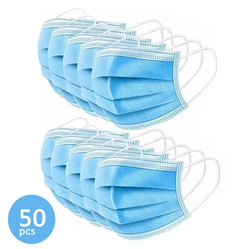 

50 Pcs Disposable Face Blue Mouth Masks Non Woven Earloop 3-Layer Anti Dust Mask In Stock