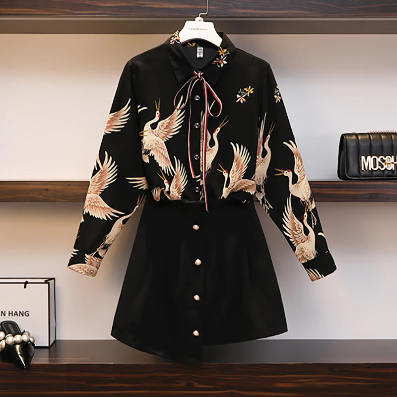 2019 Autumn Plus Size 2 Piece Set Women Vintage Red-crowned Crane Flower Print Bow Shirt Blouse + Black Mini Pleated Skirt | Женская