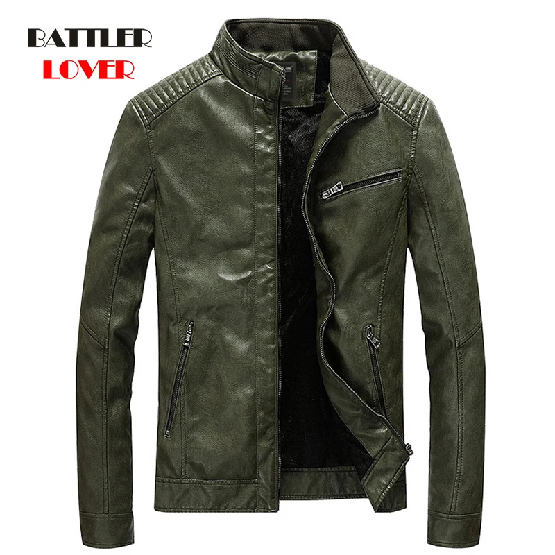 Leather Jacket Men Casual Slim Fit Stand Collar Washed Leather Coat for Male Thick Plus Velvet Motorcycle Bomber Outwear M-5XL