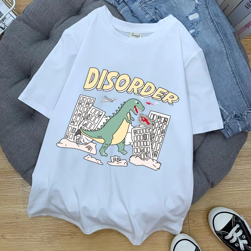 95% Cotton summer Ins Hot Plus Size women t-shirts harajuku Korean Streetwear couple clothes dinosaur short Tops japanese D03