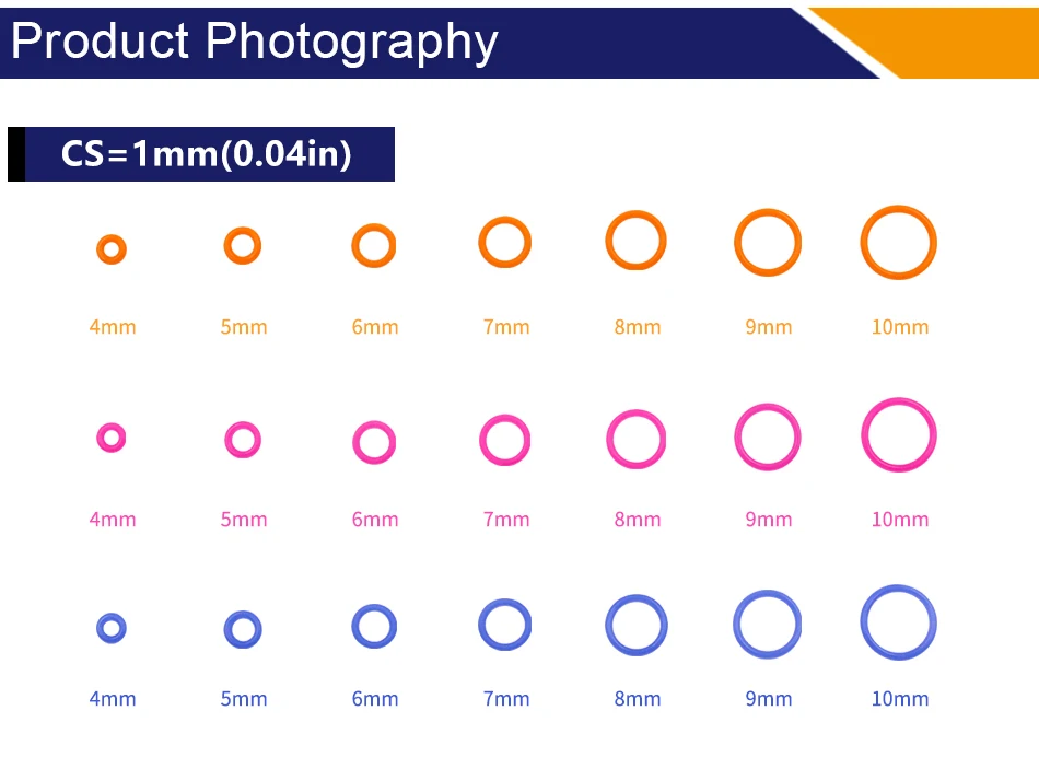 Description Picture 3 of item10PCS/Lot Colorful Silicon Rubber O-Ring Silicone/VMQ Thickness 1mm OD4/5/6/7/8/9/10mm O Ring Seal Rubber Gasket Ring