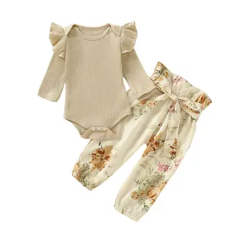 

Newborn Baby Girls Spring Autumn Clothing Ruffle Ribbed Knitted Long Sleeve Romper Bowknot Floral Pants 2Pcs Outfit Clothes