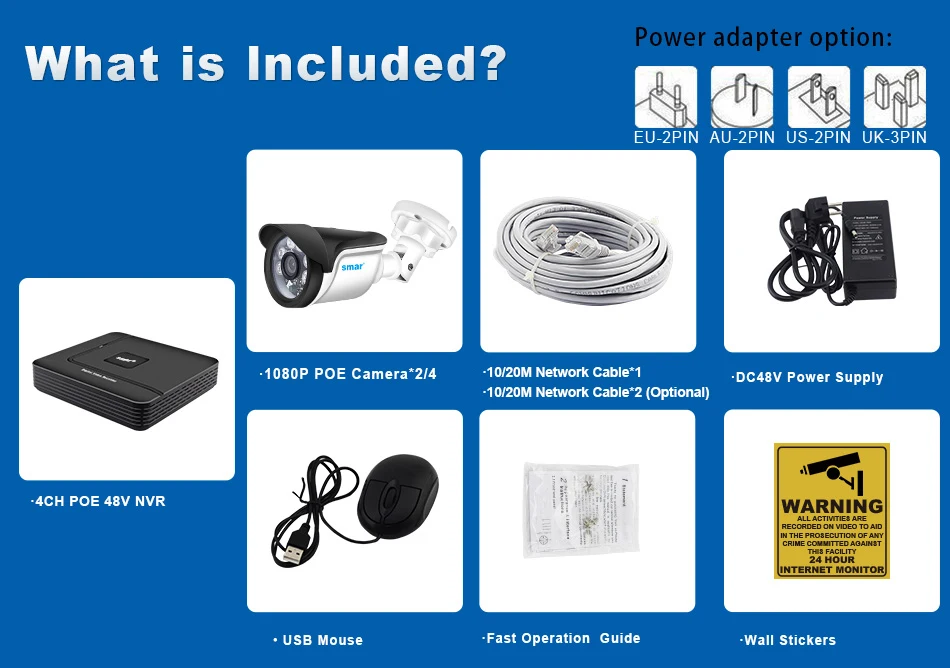 Smar Full HD  4CH 1080P POE 48V NVR CCTV Kit 2PCS4PCS 2MP Outdoor IP Camera Nano IR 4 Channel CCTV System HDMI P2P Email Alarm (2)
