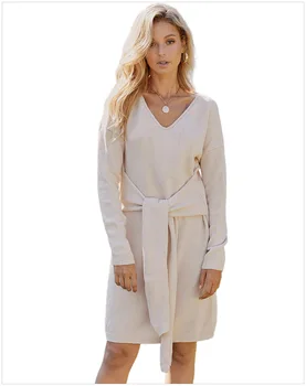 

Long Sweaters for Women 2019 Autumn Tops and Pullovers Lace-Up Sweater Dress V-Neck Apricot Knitted Sweaters