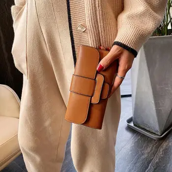 

Fashion Flap Trifold Purse Women PU Leather Multi-function Long Wallet Clutch Ladies Simple Solid Soft Card Holder