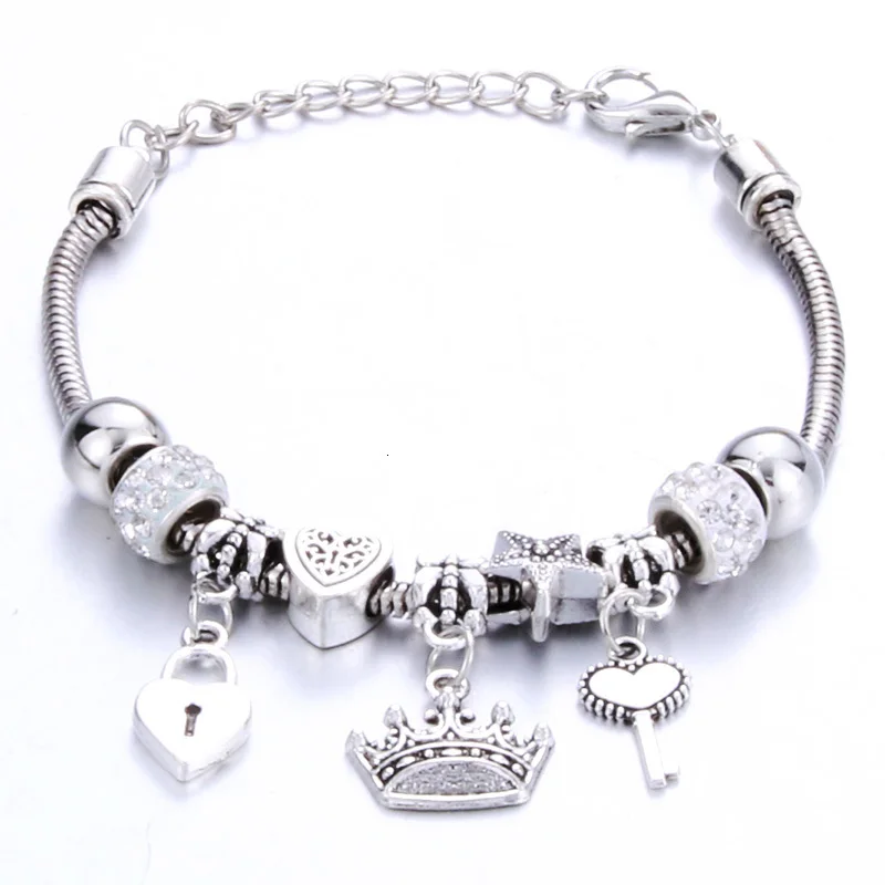 Antique Original Crown key lock Shape 6 colors Charm Bracelets For Women Glass Beads Brand Bracelet & Bangle DIY Jewelry Gifts