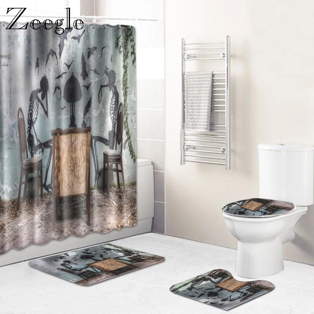 Zeegle 4PCS Bath Mat Set Bathroom Carpet Toilet Curtain with Hooks Flannel Doormat Toilet Cover Pedestal Mat Non-slip Foot Rug