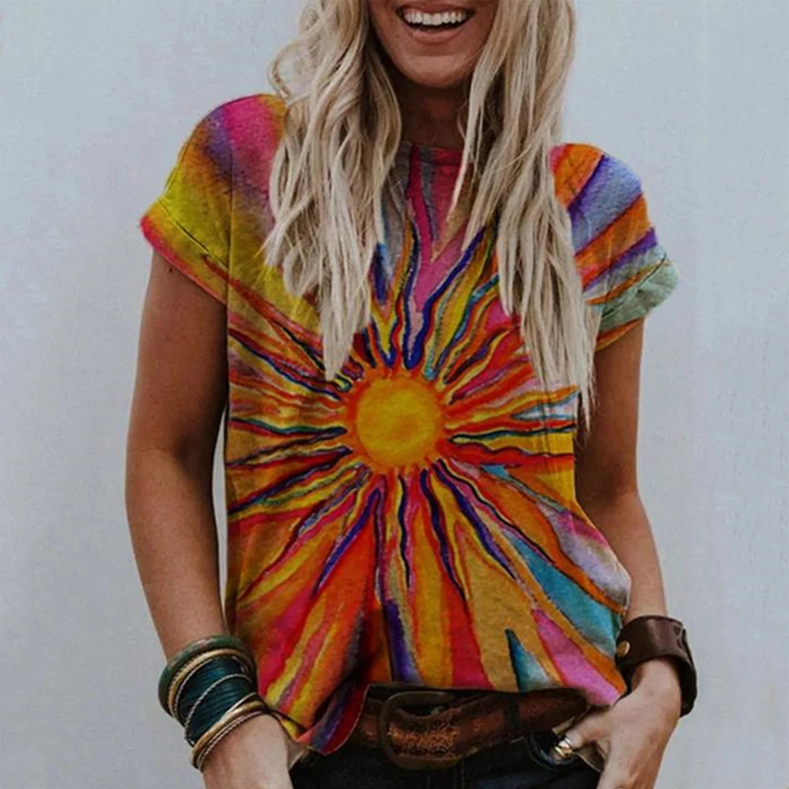 Sun Printed Aesthetic T shirt Women Clothes Pullover Tops Vintage