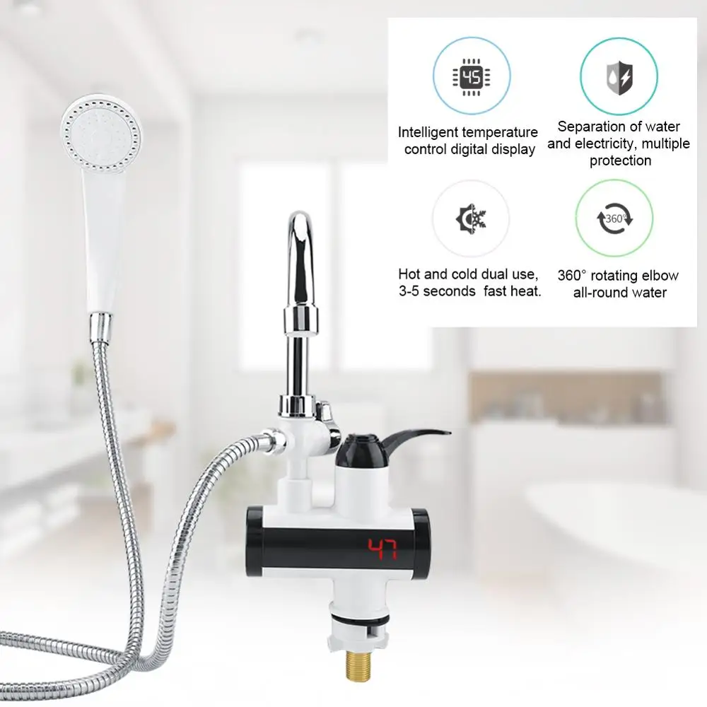 

220V Instant Hot & Cold Water Faucet Dispenser Temperature Display Heater Heating Faucet + Handheld Shower Head Set 50Hz EU Plug