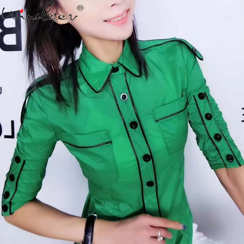Shirt Blouse Slim-Tops Turn-Down-Collar Bordered-Buttons Half-Sleeve Dual-Pockets Spring Women