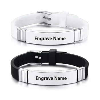 

Custom Engrave Name Black White Silicone Bracelet Men Women Fashion Punk Stainless Steel Leather Bracelets pulsera personalizada