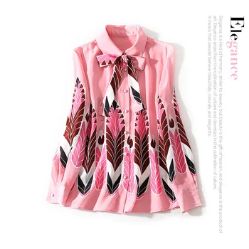 

New Lapel neckline tie bow tie positioning leaf Print Long Sleeve versatile silk shirt top