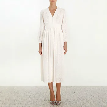 

Runway Autumn Sukienki Women Elegant Polka-dot Long Sleeve V-neck Button Long Party Dress Vestidos De Verano