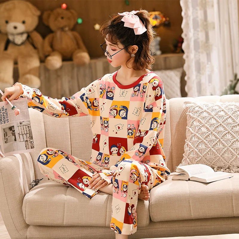 

Foply Cartoon 100% Cotton Pajamas Set Loungewear Women Pyjamas Sleepwear Nightwear Pijama Mujer Home Wear Long Pants Nightsuit