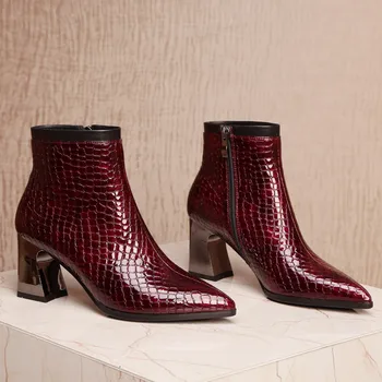 

Women's Stone pattern patent leather high heel autumn ankle boots pointed toe brodered high quality short booties shoes women