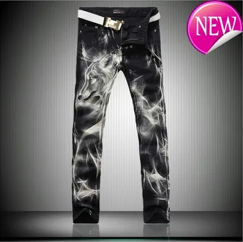 

Size Fashion Big Mens Printed Jeans 28 38 Black Stretch Slim Fit Painted Wolf Print Night Club Singers Trousers