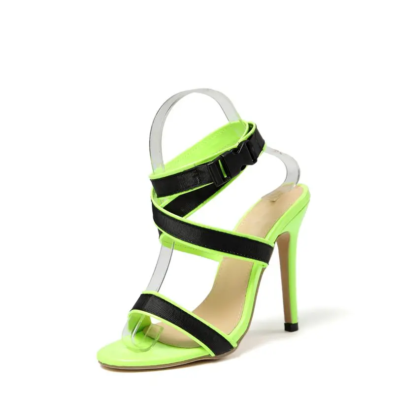 Женские босоножки неонового и зеленого цвета; босоножки-гладиаторы на высоком каблуке с открытым носком и перекрестными ремешками; обувь с ремешком на пряжке; женские босоножки для вечеринок