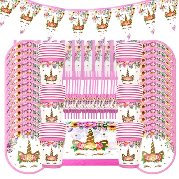 

Unicorn Party Supplies Pink Unicorn Disposable Tableware Paper Plate Cup Kit for Girls Birthday Party Decor Baby Shower Supplies