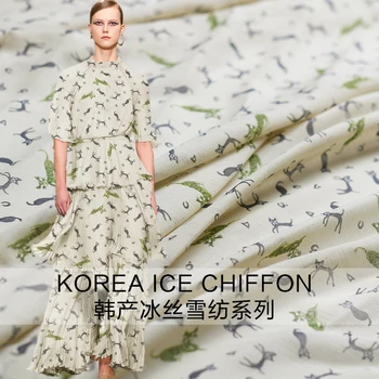 

Cream-colored cute kitten digital print fabric imitation silk George light dress fabric