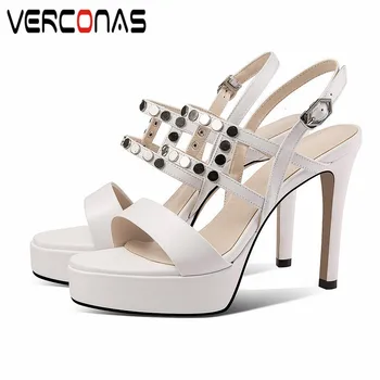 

VERCONAS 2020 Woman Pumps 100% Genuine Leather Summer Woman Sandals Metal Decoration Pointed Toe Thin High Heeled Shoes Woman