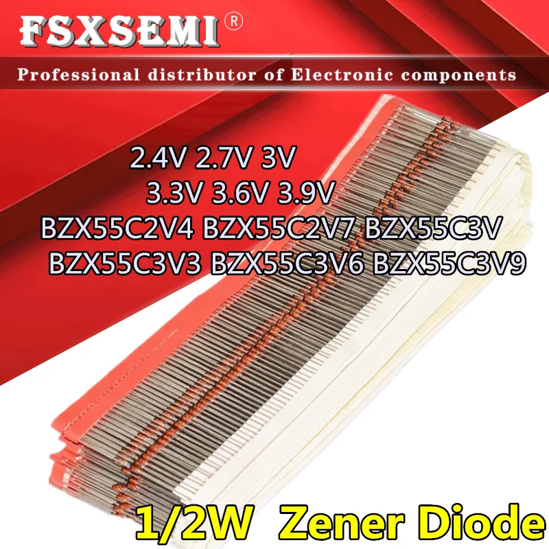 

100pcs 1/2W Zener Diode 0.5W 2.4V 2.7V 3V 3.3V 3.6V 3.9V BZX55C2V4 BZX55C2V7 BZX55C3V BZX55C3V3 BZX55C3V6 BZX55C3V9