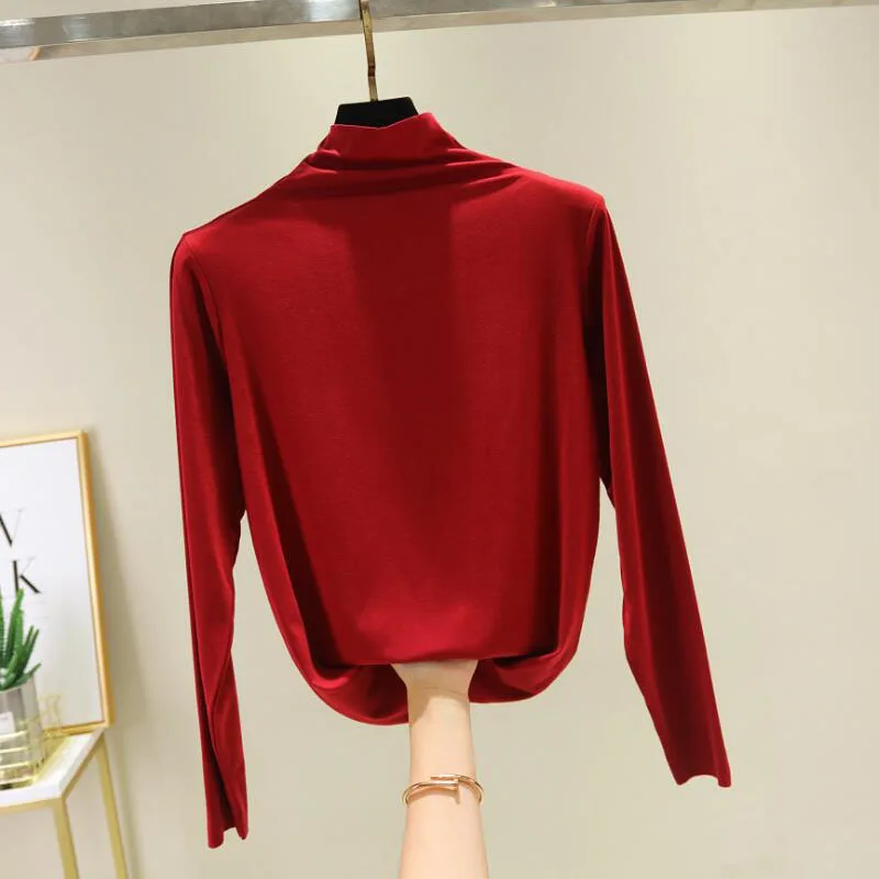 wine red LERFEY с высоким, плотно облегающим шею воротником Тонкий T рубашка для работы женские офисные с длинным рукавом от бренда "Для женщин Демисезонный минималистский Женская Классическая однотонная верхняя одежда - Цвет: wine red