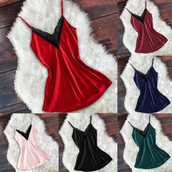 

Sexy Lingerie Women Lace Satin Silk Sleepwear V Neck Camisole Sexy Night Dress Nightgowns Baby Doll Nightwear Solid Soft Nighty