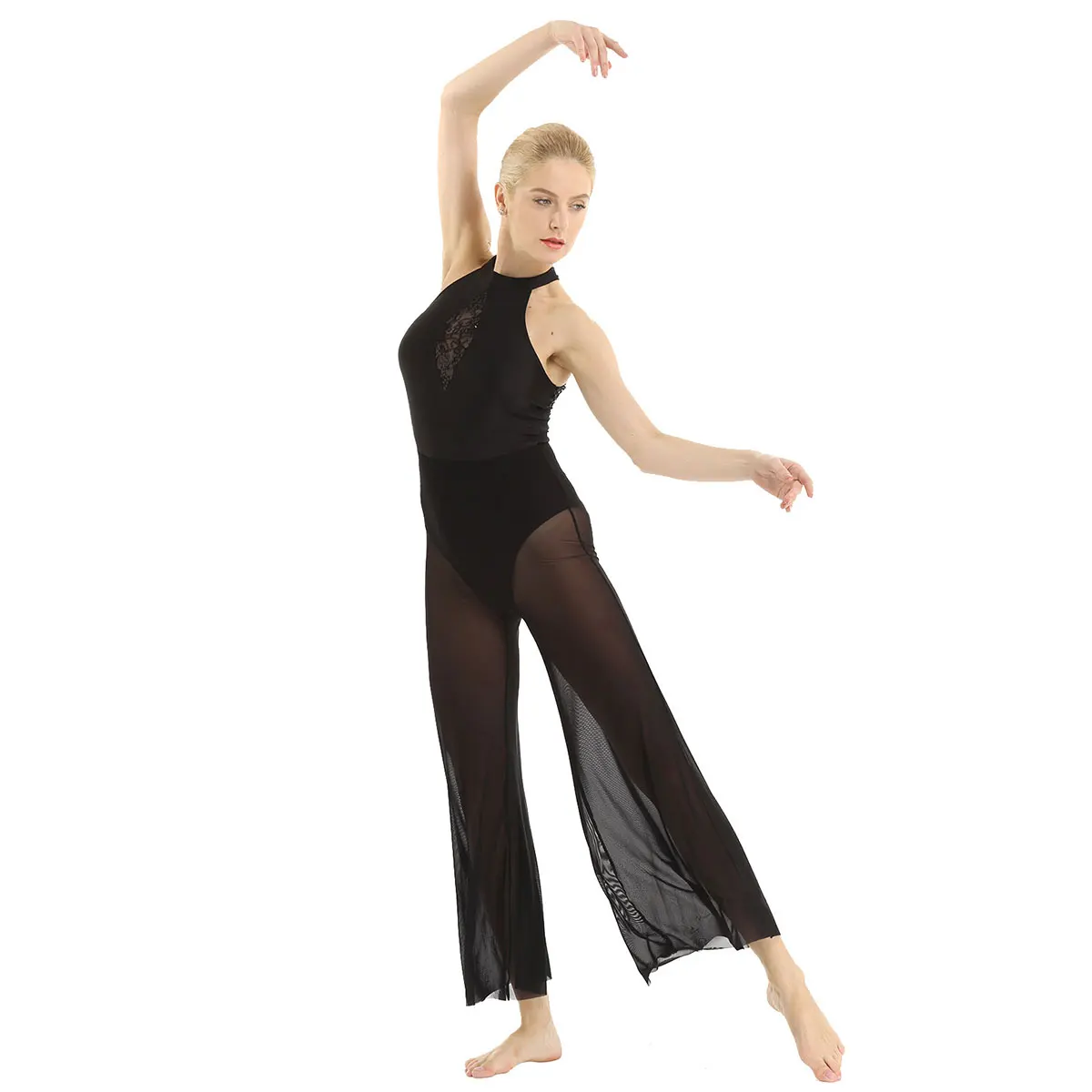 Женские балетные трико, лирические танцевальные костюмы с бретелькой на шее без рукавов с открытой спиной, с блестками, кружевной вставкой, лиф, расклешенные кюлоты, Jumsuit