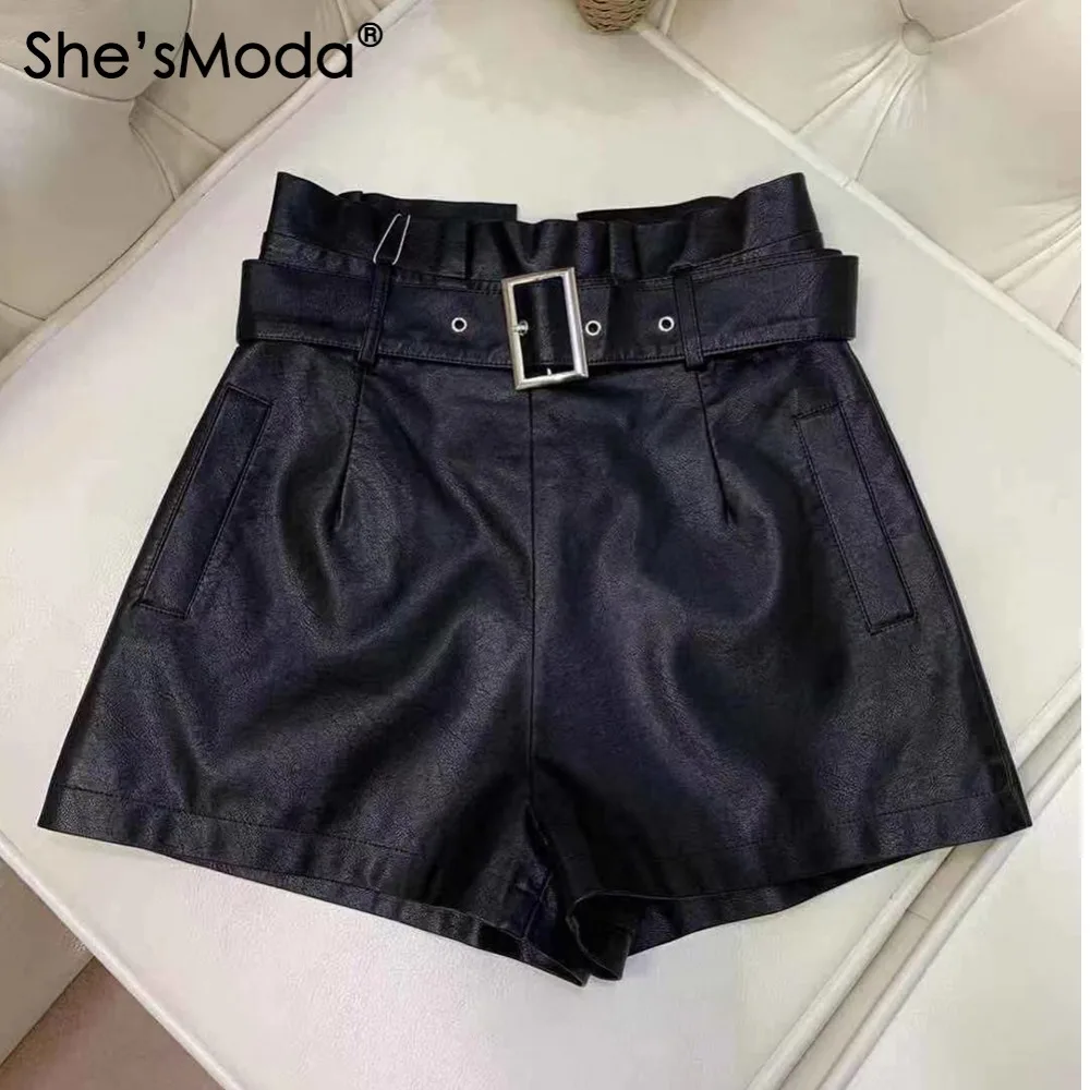 She'sModa из искусственной кожи ремень новые женские с высокой талией Прямые шорты с карманом размера плюс