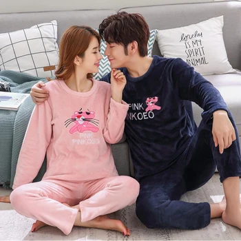 

Winter Long Sleeve Women Pajamas Set Warm Cartoon Pink Leopard Flannel Pajama Couple Coral Velvet Sleep Wear Pyjamas 2Piece Set