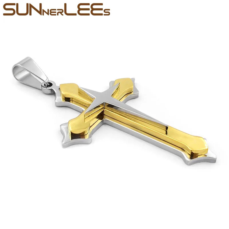 SUNNERLEES 316L нержавеющая сталь Иисус Христос крест кулон ожерелье византийский звено Цепочка Золото Серебро Черный Мужчины Мальчики подарок SP202