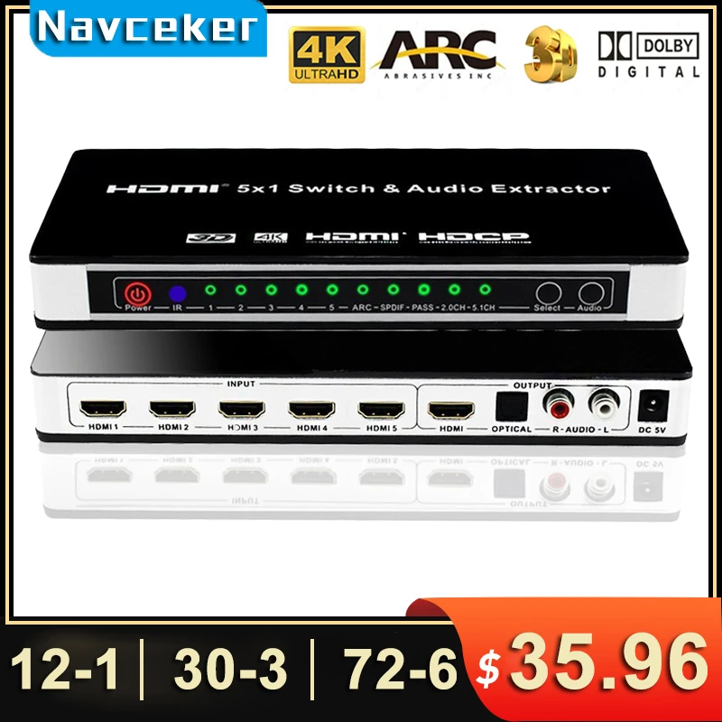2021 HDMI переключатель 5x1 аудио экстрактор 4K x 2K 3D ARC EDID настройки 1 4 в дистанционное