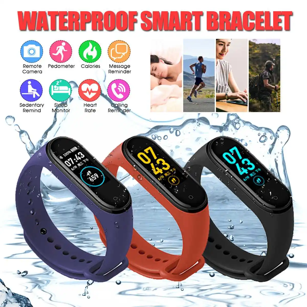 

IP67 M4 Smart Wristband fitness Watch Health Heart rate band Blood Pressure Smart Bracelet for Men Women Smartband PK M3plus