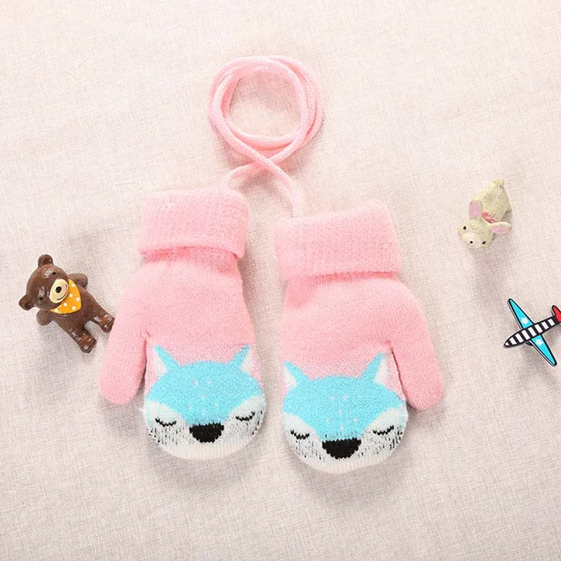 Children winter gloves Cute Cartoon Fox Thicken Warm Gloves Knitted Wool Kids Boys Girls Finger Mittens handschoenen