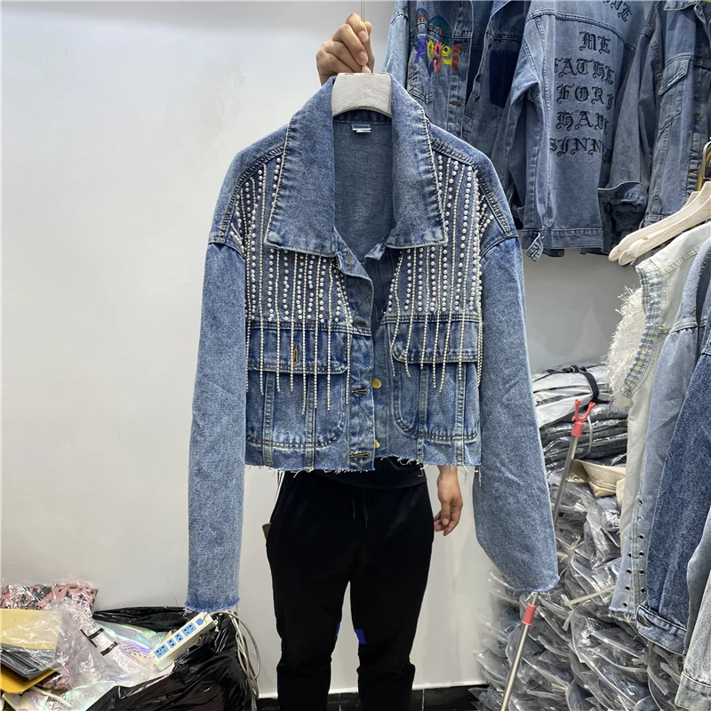 

2020 Spring Auutmn New Jeans Coat Outwear Female Frayed Beaded Tassel Loose Short Denim Jacket Wome Jean Coats Student Jackets