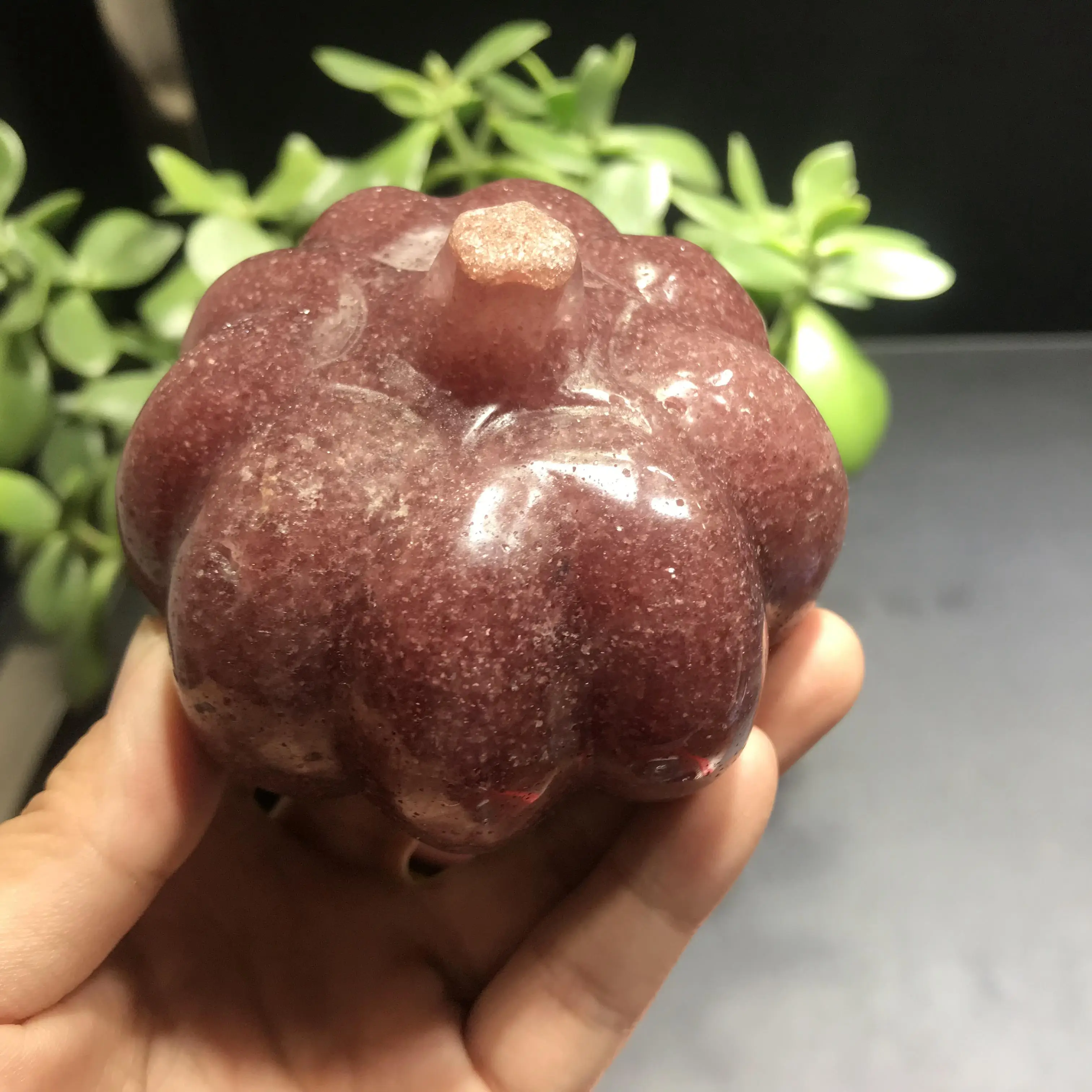 About 500g natural hand carving pink strawberry quartz pumpkin craft for Halloween