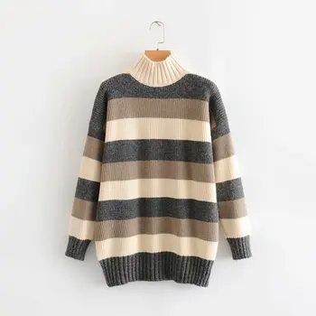 

Women's Autumn Europe style hafl turtleneck sweater Female striped canstrast color pullovers chic long sleeve knit Tops TB3899