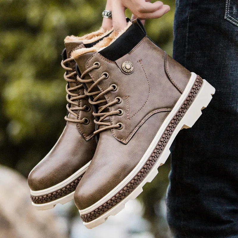 

Warm Boots Men Sneakers 2019 Fashion Pu Leather Winter Boots Velvet Casual Shoes Men Snow Boots Lace Up Work Shoes Men Plus Size