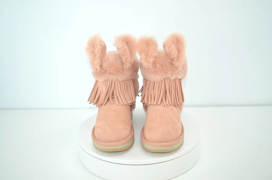 INOE/стильные женские зимние ботинки до середины икры с кроличьими ушками из овечьей кожи и замши с подкладкой из натурального меха высококачественные теплые зимние ботинки розового цвета