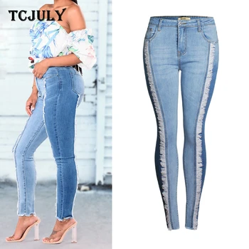 

TCJULY Stylish Cotton Bleached Washed Tassel Jeans Skinny Push Up Denim Pencil Pants Streetwear Slim Stretchy Blue Women's Jeans