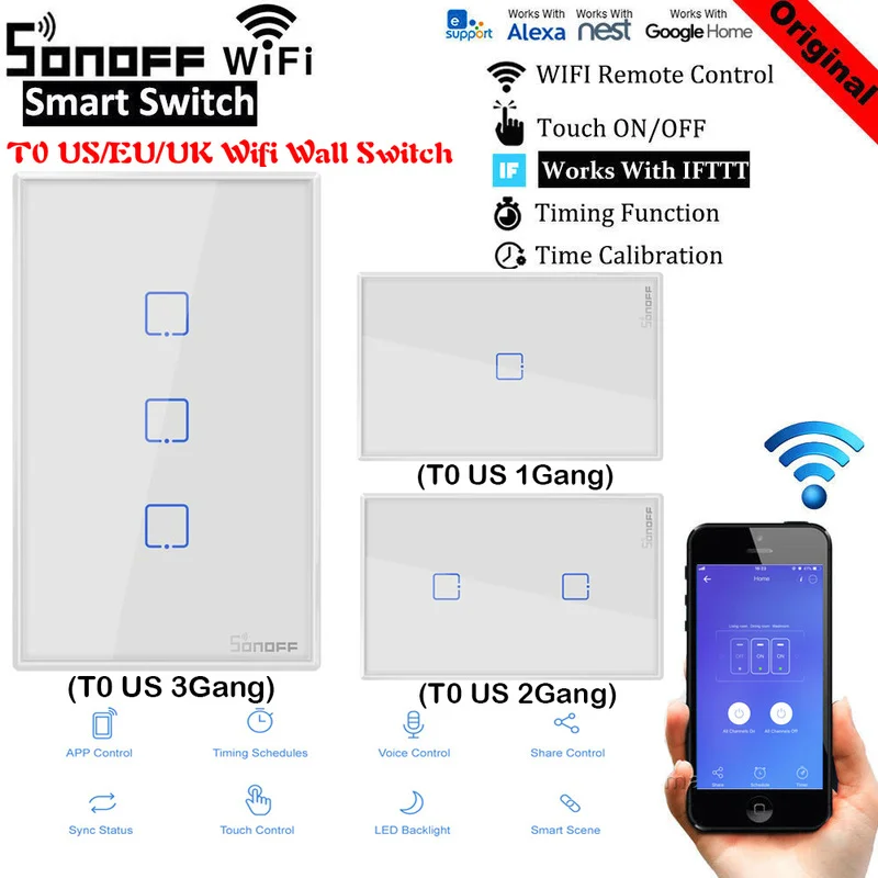 Интеллектуальный выключатель света SONOFF T0 TX ЕС/Великобритания/США, Wi-Fi, Умные выключатели с 1/2/3(в том числе от приложений eWelink/voice Беспроводной переключатель для Alexa Google Home smart Home