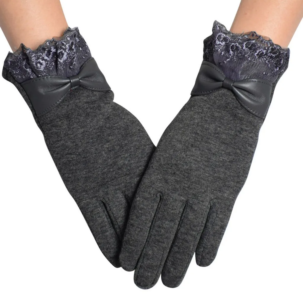 Высококачественные элегантные женские кружевные теплые зимние перчатки с сенсорным экраном, шерстяные женские милые варежки с бантом, кашемировые перчатки для девочек
