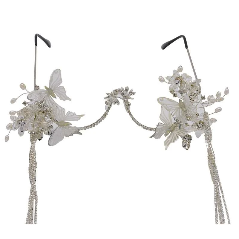 Мода Лолита Фея очки Рамка бабочка очки головные уборы жемчужные бусины с кисточками цепь модель шоу студия фотосессия украшения