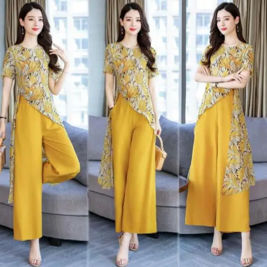 Conjuntos de dos piezas con estampado de gasa para mujer, blusas largas de  manga corta y pantalones de pierna ancha, moda elegante, AE498, verano  2020|Conjuntos de mujer| - AliExpress